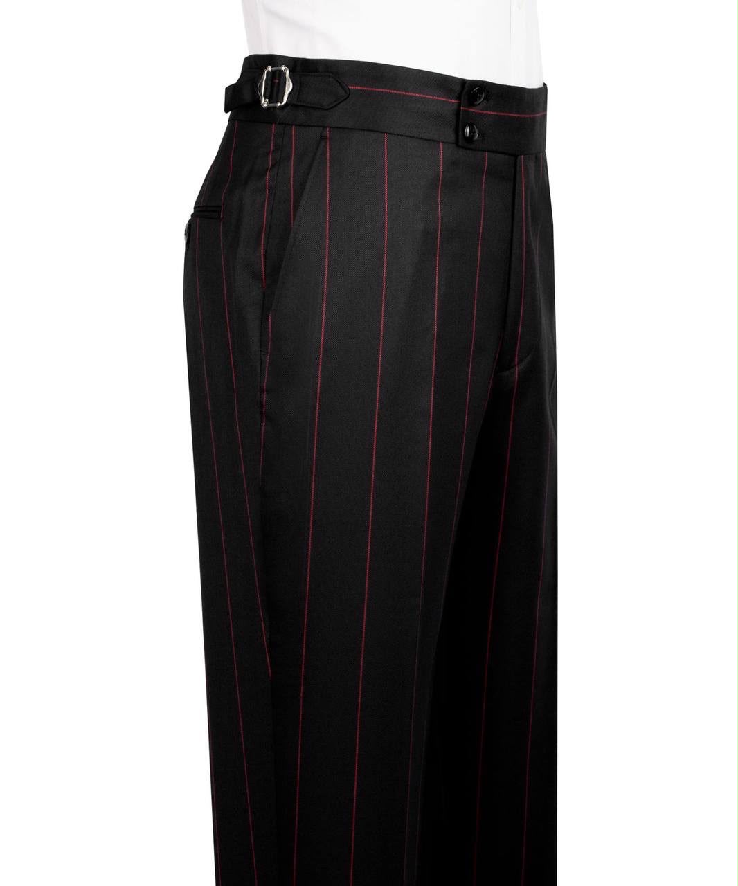 Black pinstripe trousers with thin red vertical stripes and a matching black belt with a silver buckle, shown on a white mannequin torso 