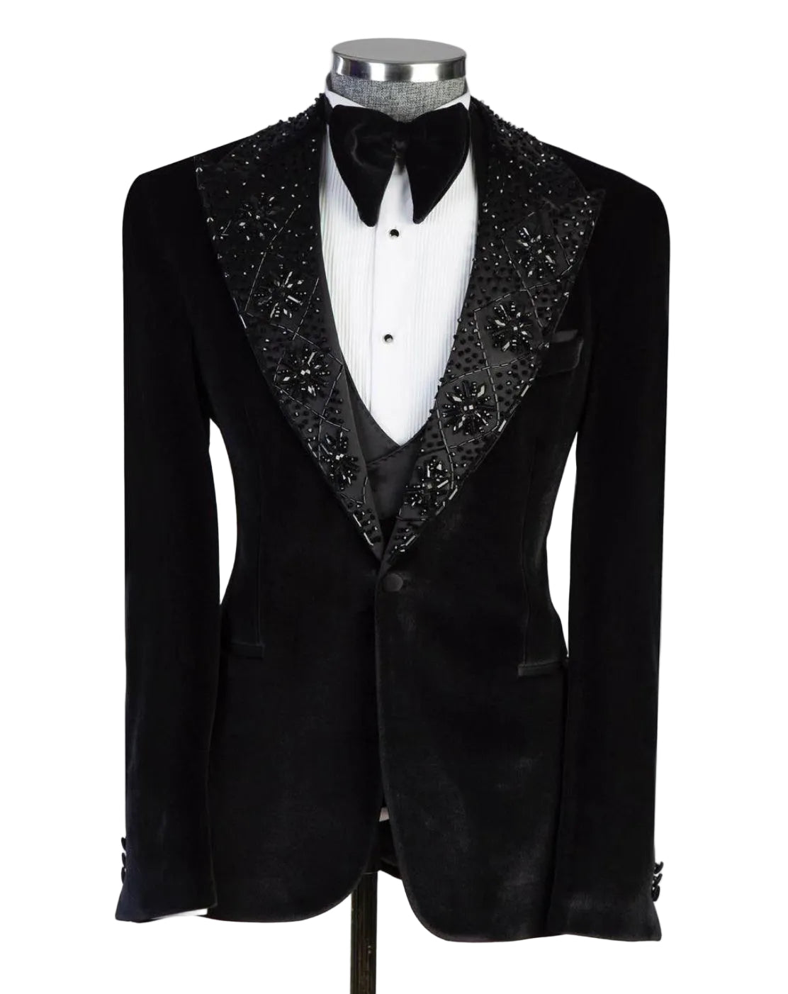 Black tuxedo with decorative lapels on a mannequin against a white background