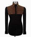 Black embroidered shirt with gold stone detailing across collar and yoke, button front