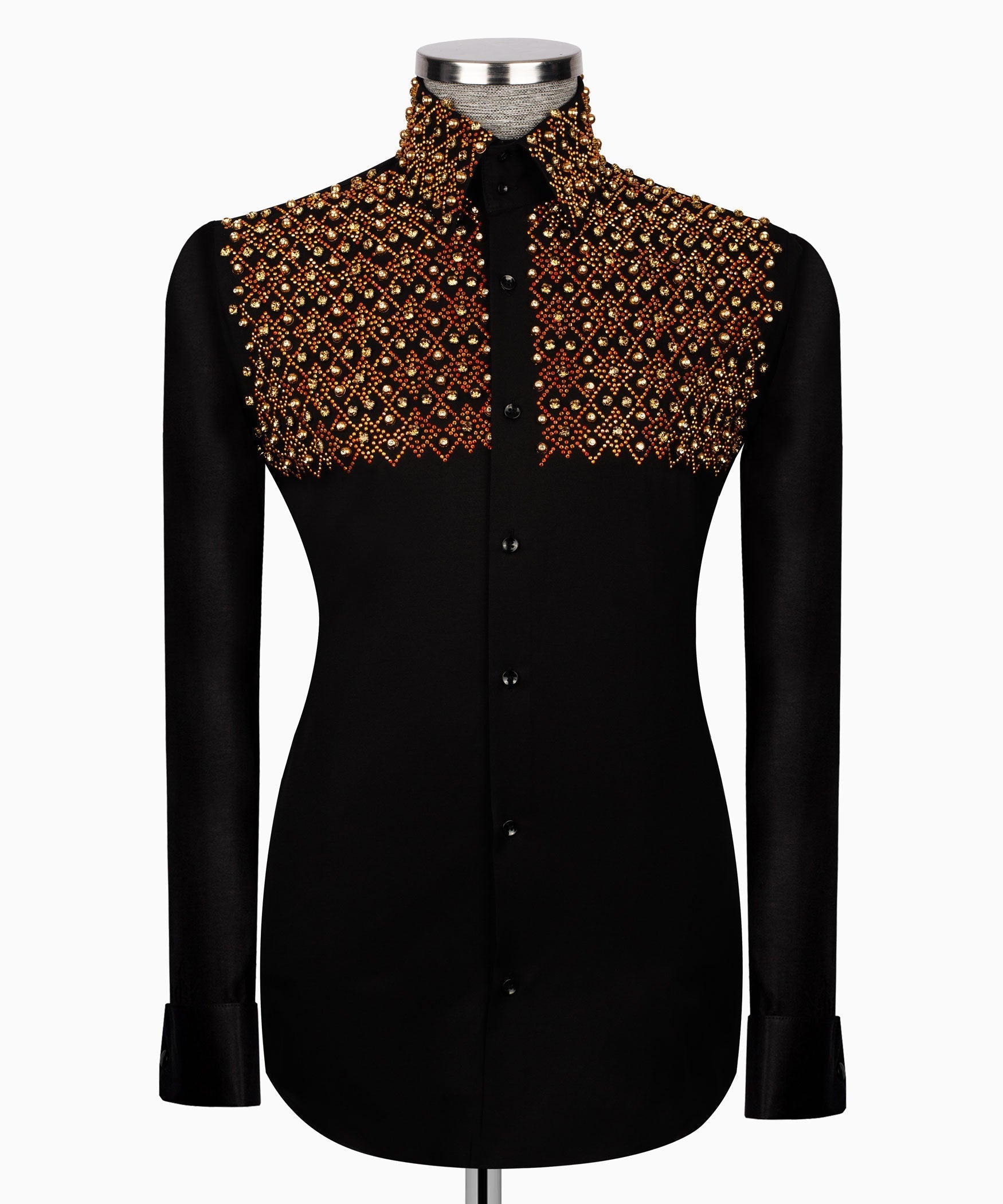 Black embroidered shirt with gold stone detailing across collar and yoke, button front