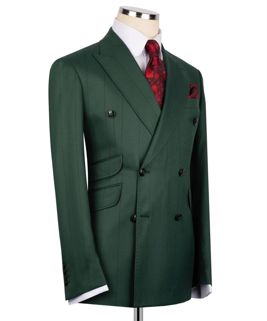 A dark green double-breasted suit jacket displayed on a mannequin torso, styled with a white dress shirt, a red patterned tie, and a matching red pocket square against a plain white background.
