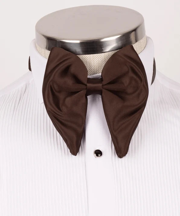 Brown bow tie on a white shirt with a silver collar stand.