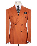 Orange double-breasted suit jacket on a mannequin with a white shirt and patterned tie.