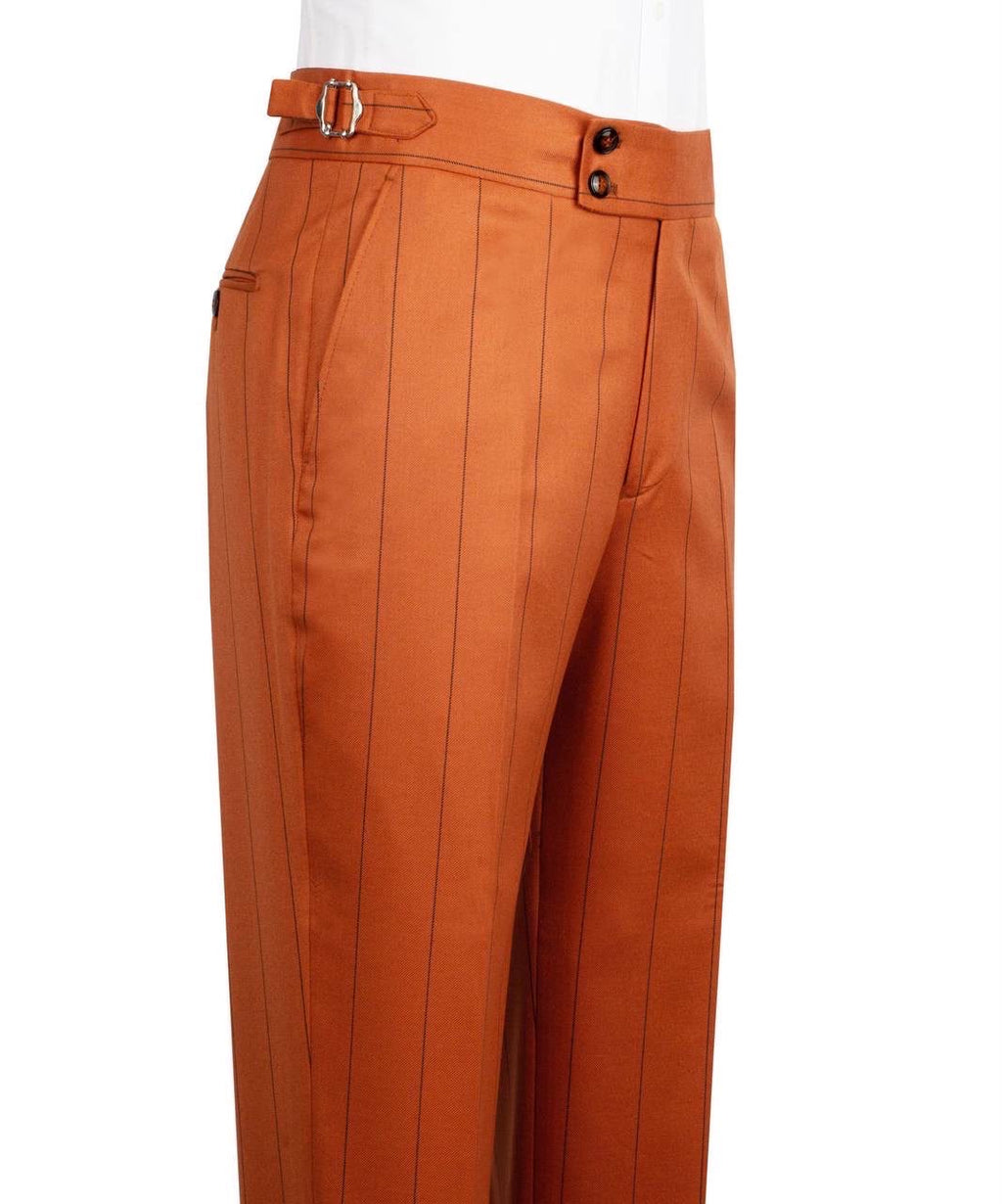 Orange pinstripe pants with a belt