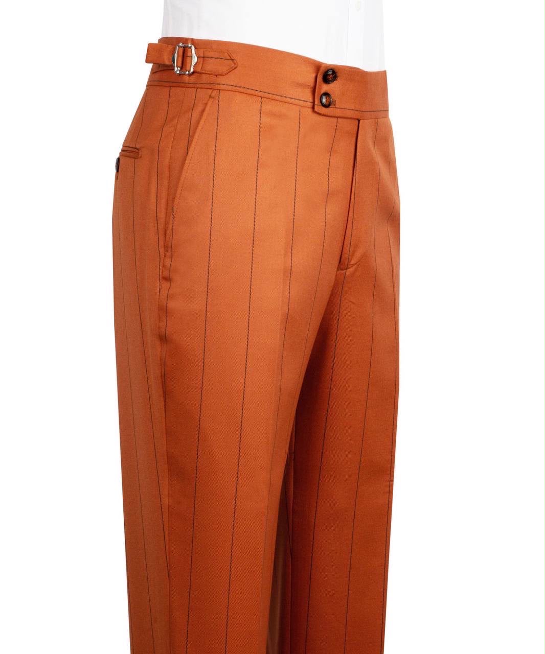 Orange pinstripe pants with a belt