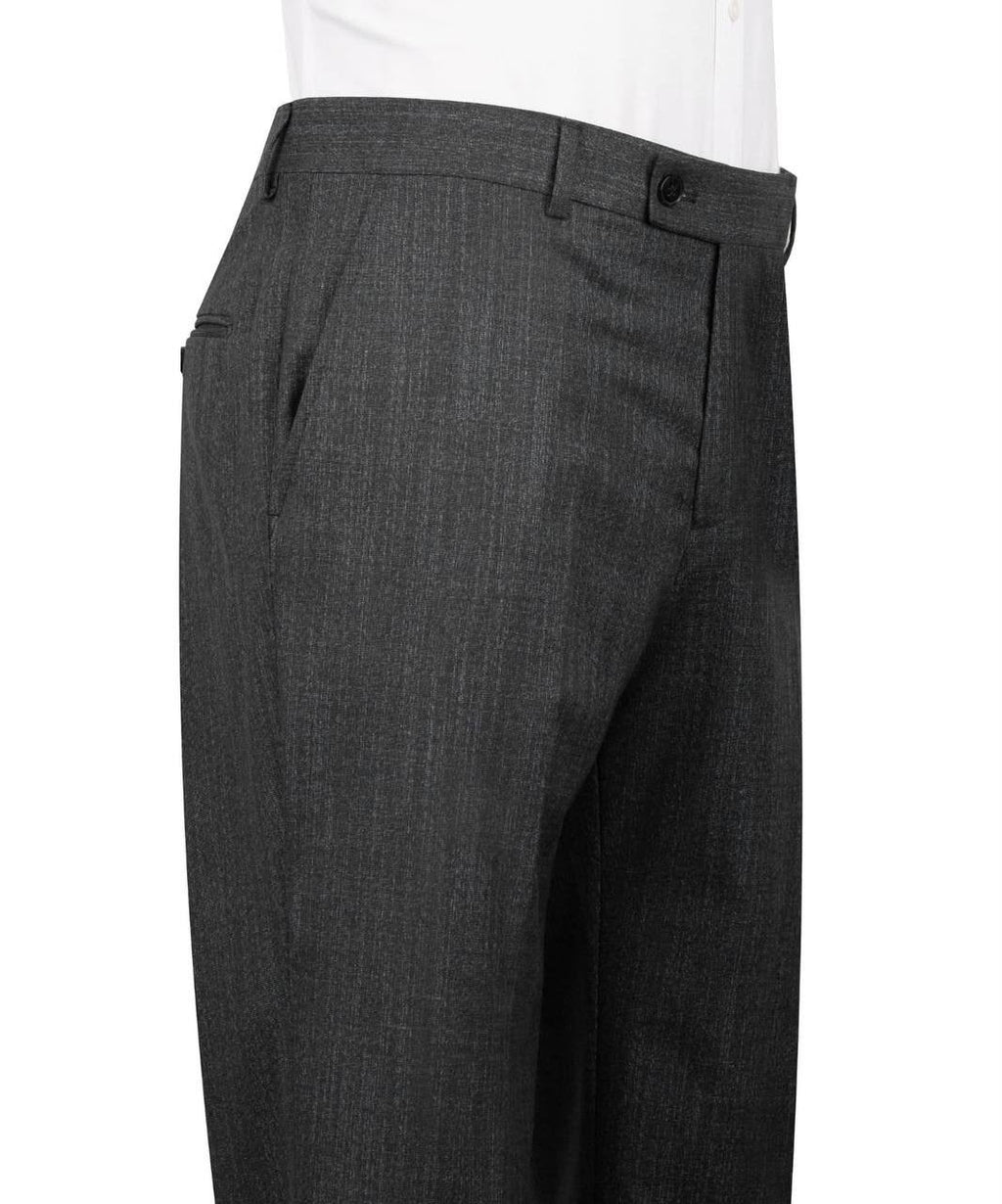 Close-up of dark gray textured trousers worn with a white shirt, showing the waistband, belt loops, front pocket, and fabric texture.