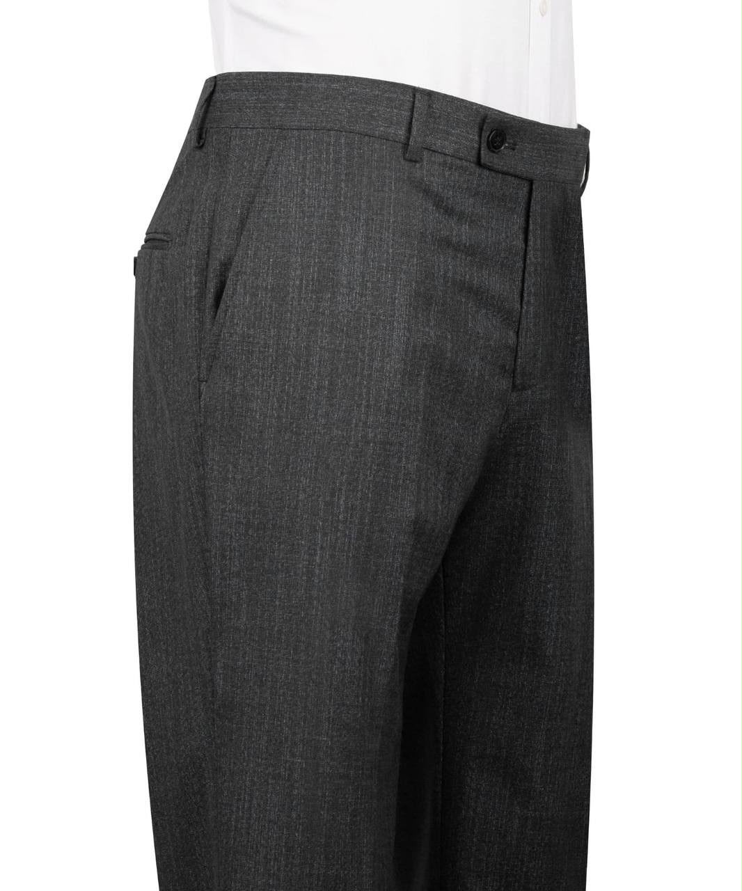 Close-up of dark gray textured trousers worn with a white shirt, showing the waistband, belt loops, front pocket, and fabric texture.