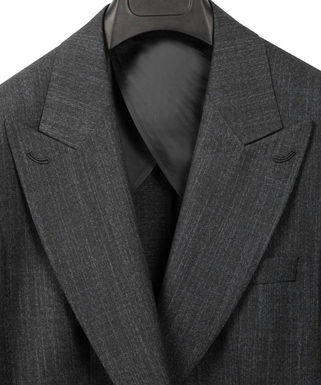 A close-up of a dark gray textured suit jacket with notched lapels, shown on a black hanger against a white background.