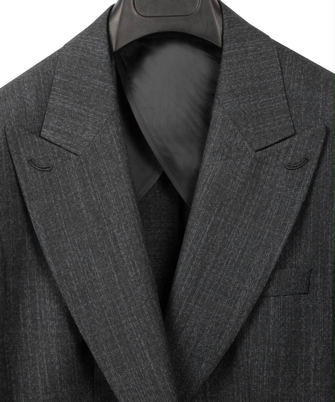 A close-up of a dark gray textured suit jacket with notched lapels, shown on a black hanger against a white background.
