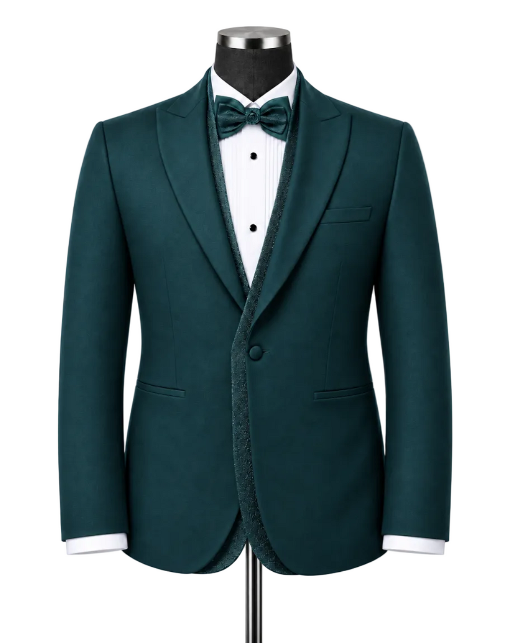 A dark teal green tuxedo jacket with a fuzzy sherpa lining, displayed on a mannequin with a white pinstripe shirt, matching green bow tie, and white cuffs.