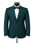A dark teal green tuxedo jacket with a fuzzy sherpa lining, displayed on a mannequin with a white pinstripe shirt, matching green bow tie, and white cuffs.