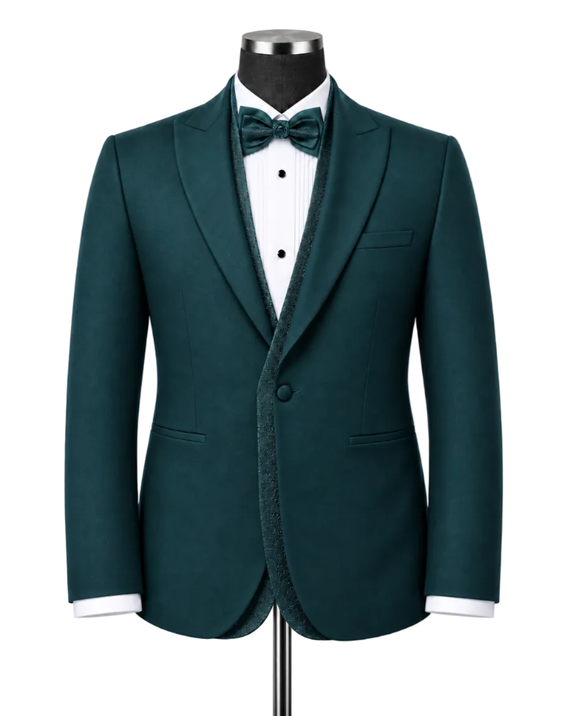 A dark teal green tuxedo jacket with a fuzzy sherpa lining, displayed on a mannequin with a white pinstripe shirt, matching green bow tie, and white cuffs.