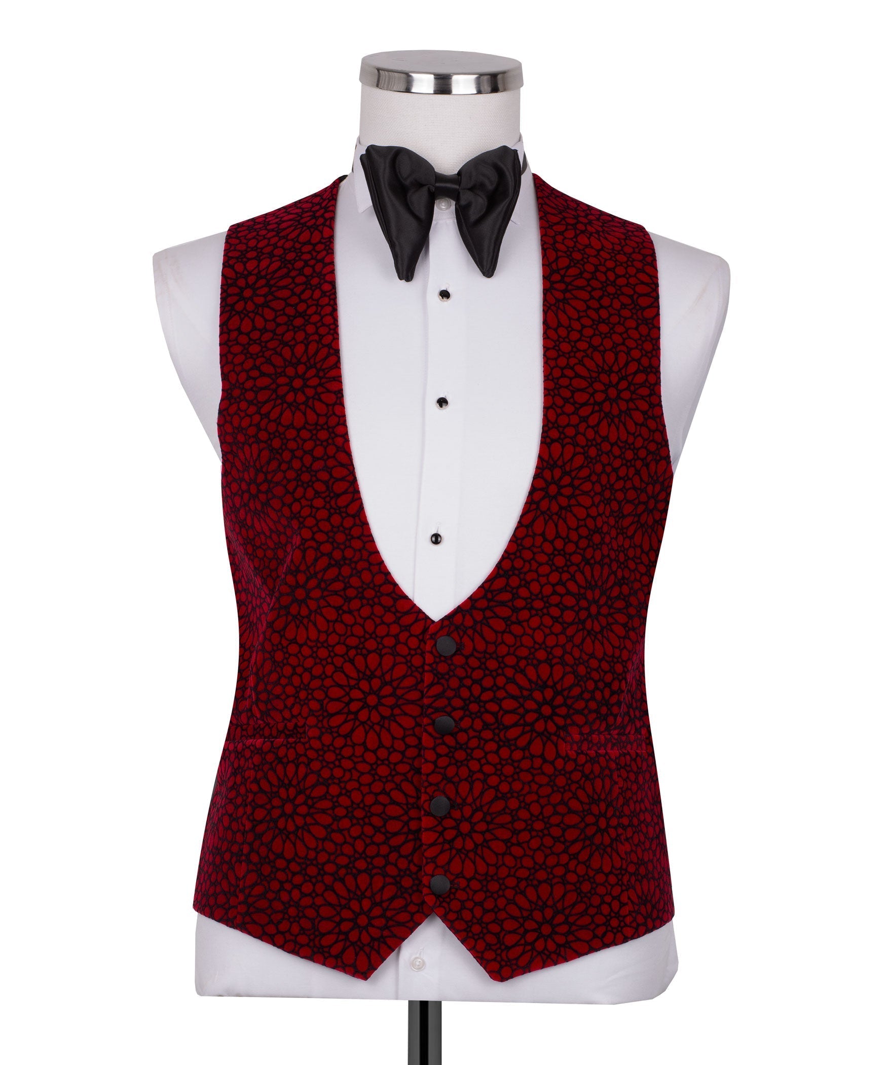 Red patterned tuxedo vest and jacket front with black bow tie and white dress shirt