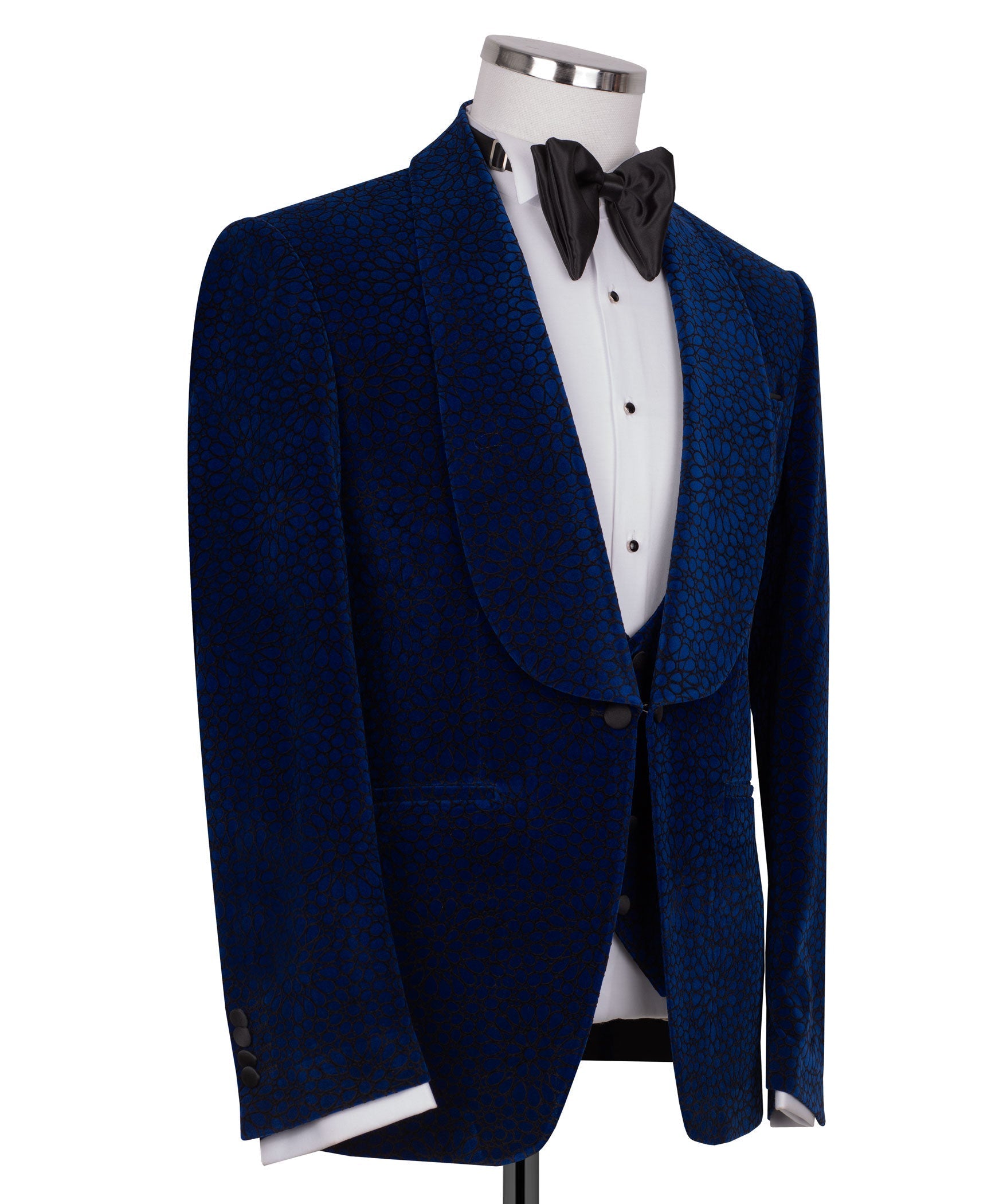 Blue velvet tuxedo jacket, side view, black bow tie and white dress shirt