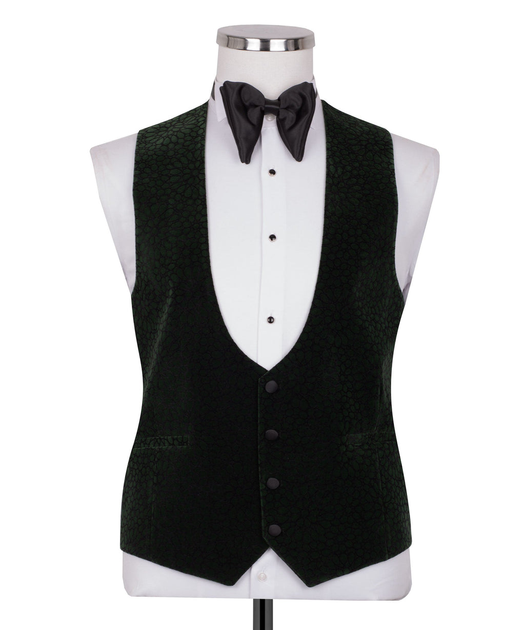 Green tuxedo waistcoat with black button-front vest and bow tie, sleeveless view