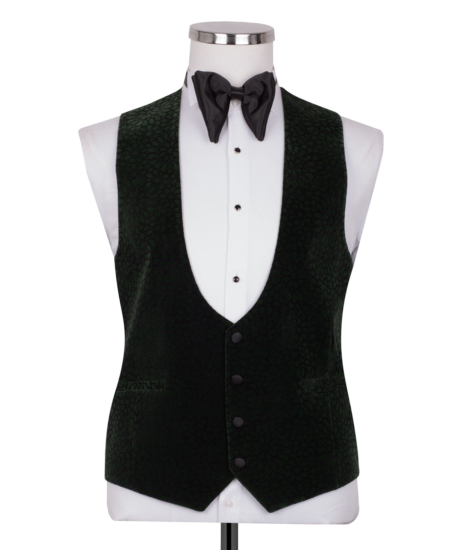 Green tuxedo waistcoat with black button-front vest and bow tie, sleeveless view