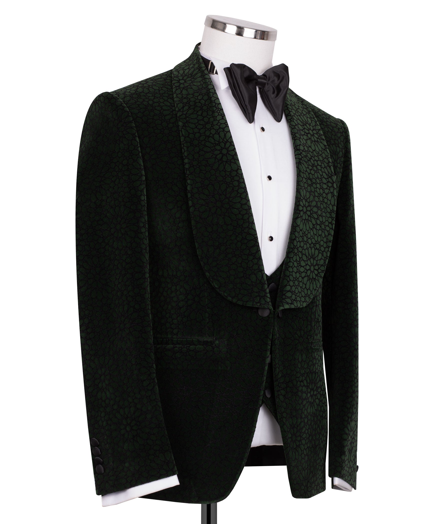 Front view tuxedo set: green patterned velvet jacket, black vest with bow tie