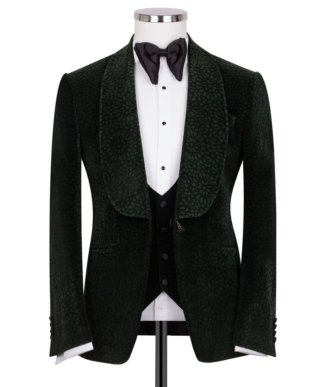 Green velvet tuxedo jacket with black satin lapels, single-breasted vest set