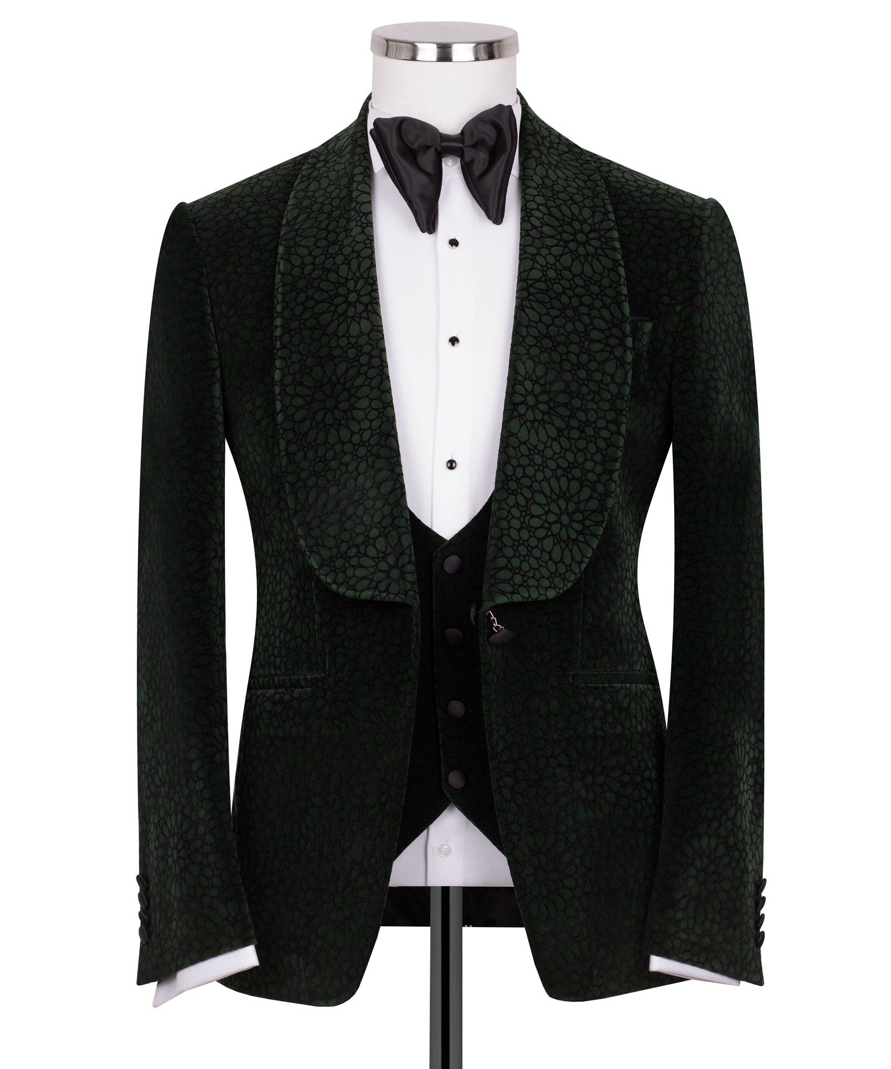 Green velvet tuxedo jacket with black satin lapels, single-breasted vest set