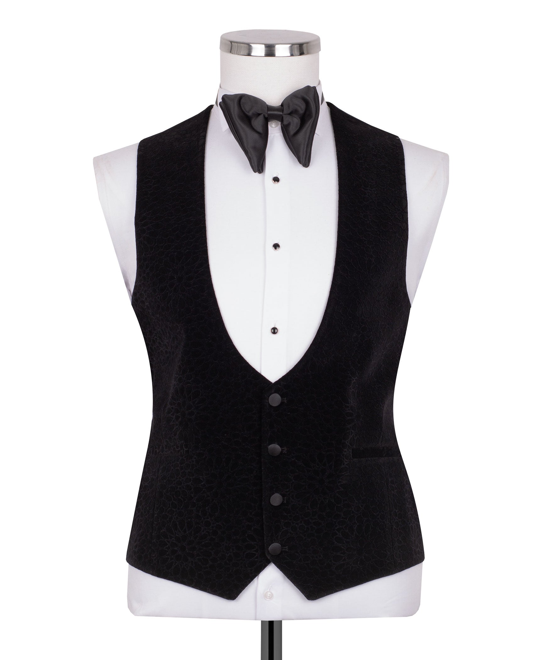Black velvet tuxedo vest with shawl lapel detail and satin bow tie