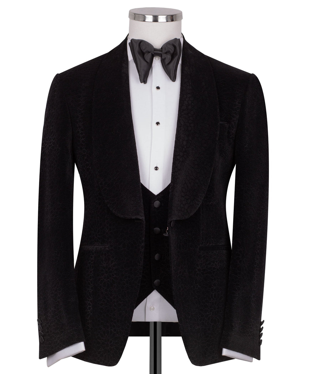 Black velvet tuxedo jacket with satin bow tie and front-button vest