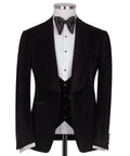 Black velvet tuxedo jacket with satin bow tie and front-button vest