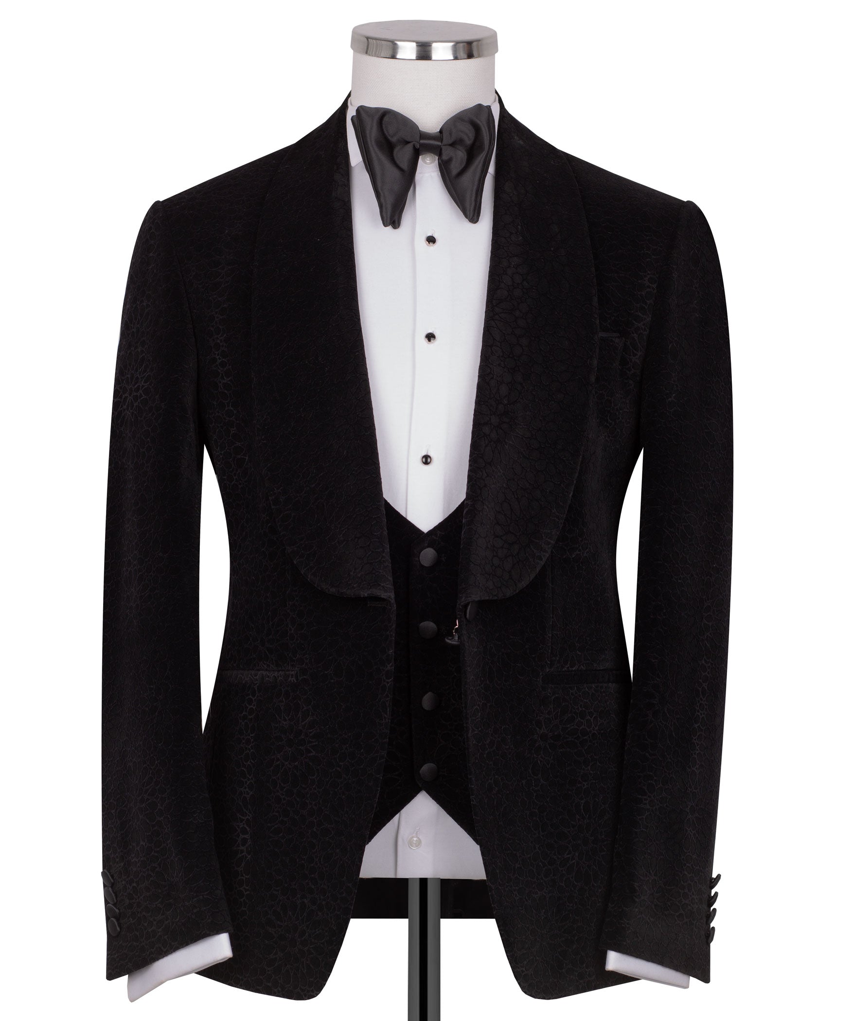 Black velvet tuxedo jacket with satin bow tie and front-button vest