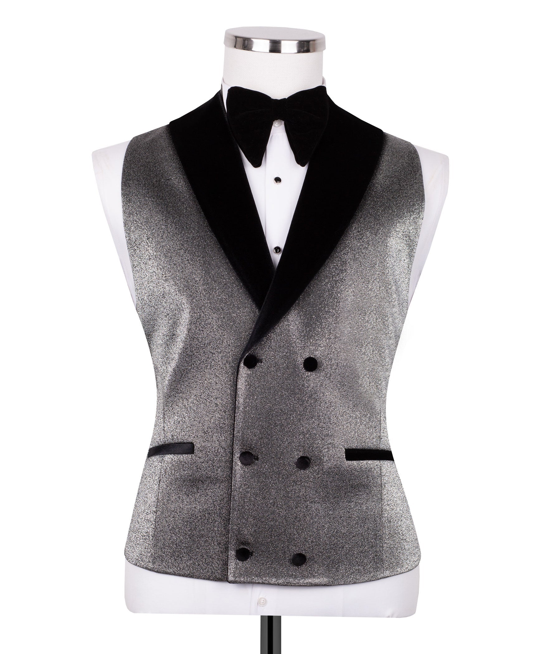 Velvet collar tuxedo vest in black with double-breasted button front