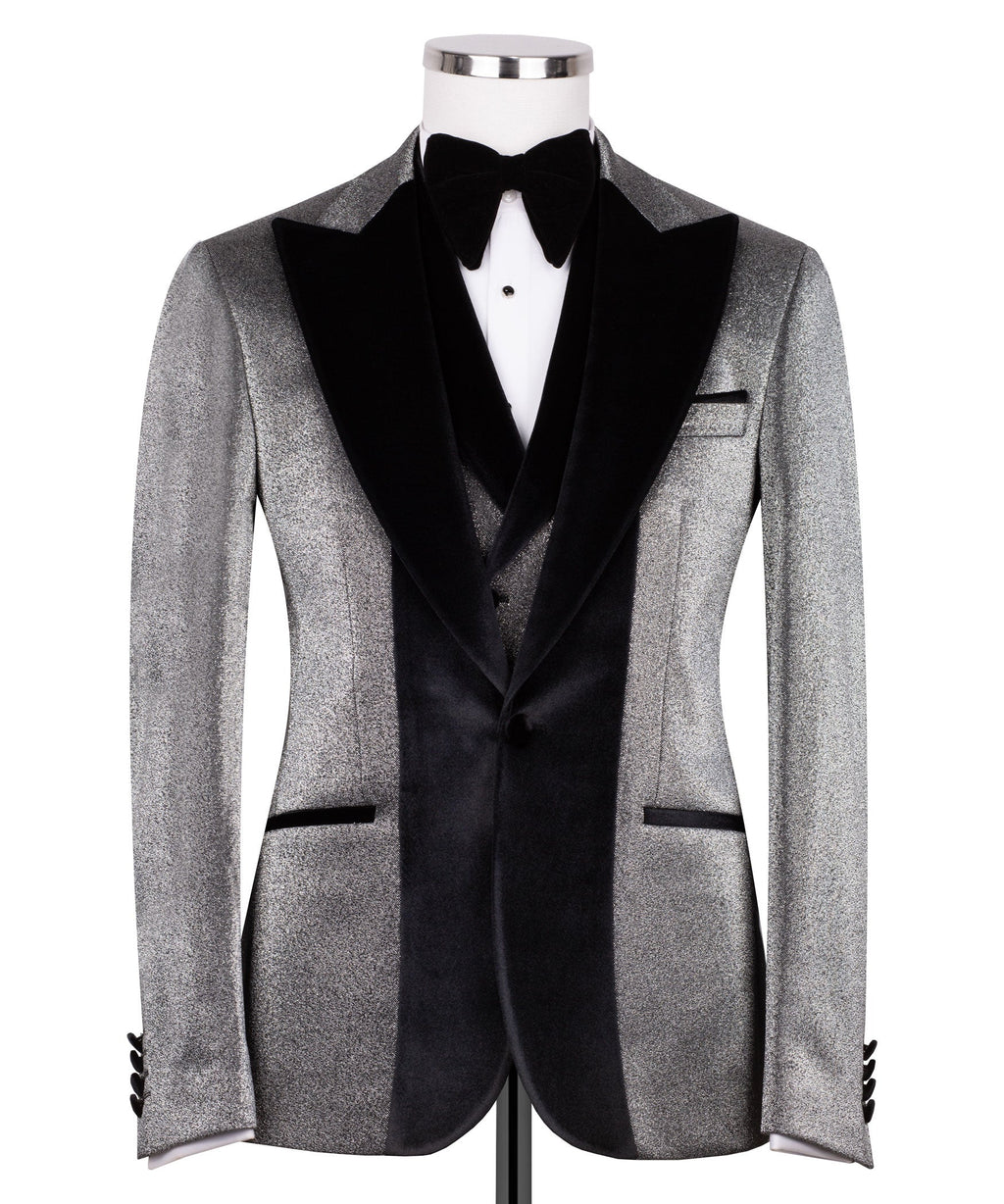 Black tuxedo jacket front view with velvet collar and satin lapels