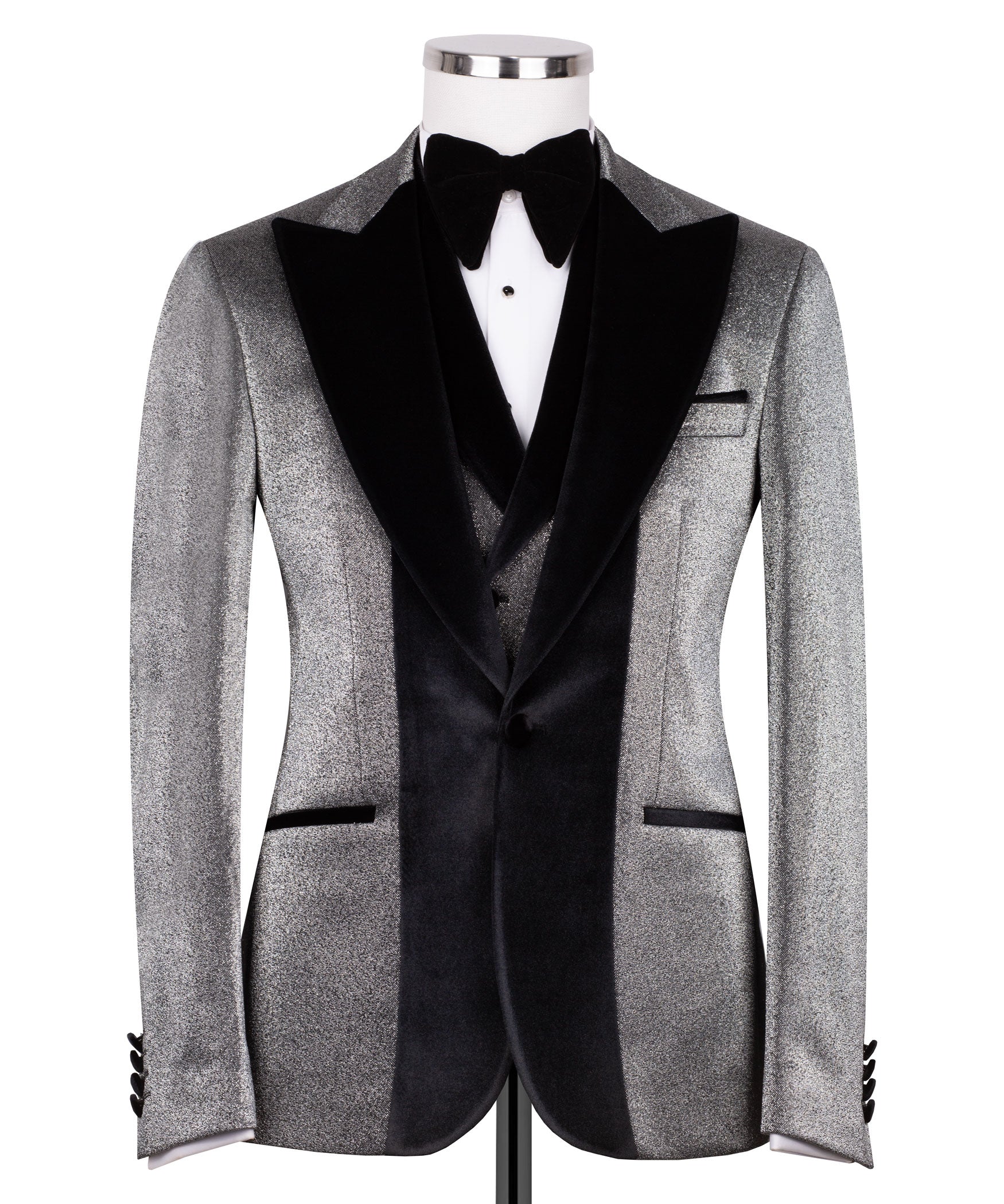 Black tuxedo jacket front view with velvet collar and satin lapels