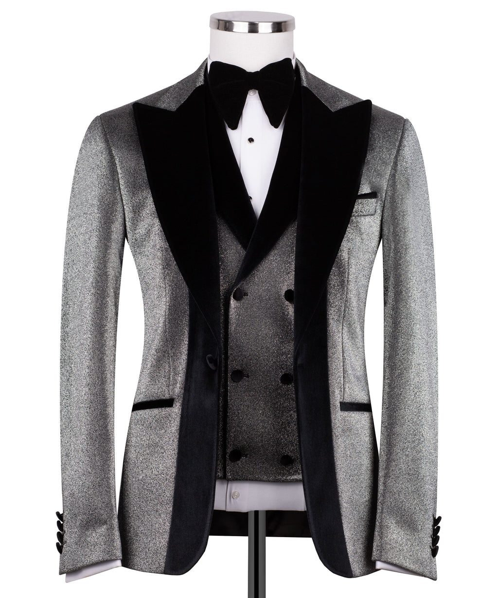 Velvet collar tuxedo jacket in black with satin lapels and bow tie