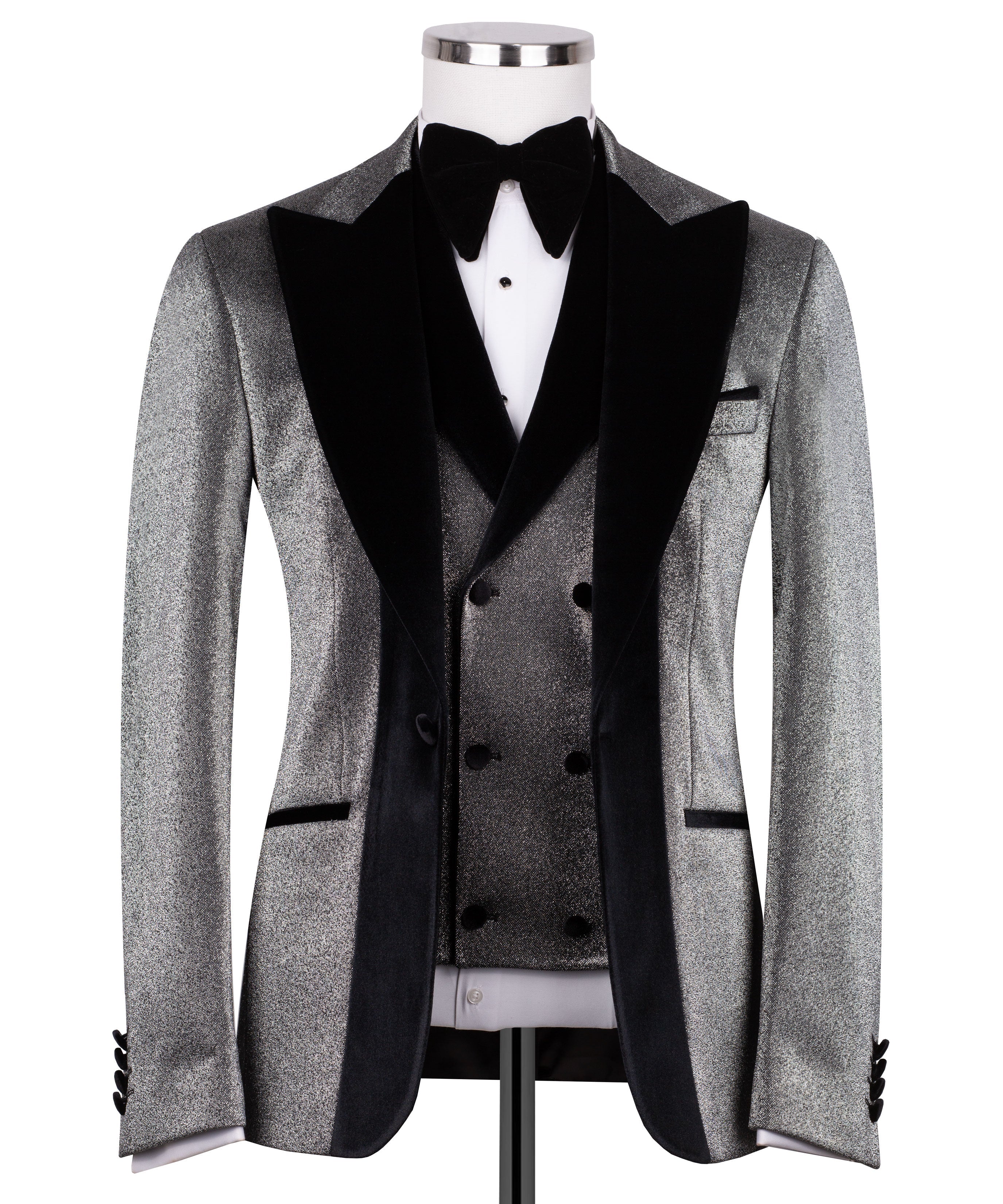 Velvet collar tuxedo jacket in black with satin lapels and bow tie