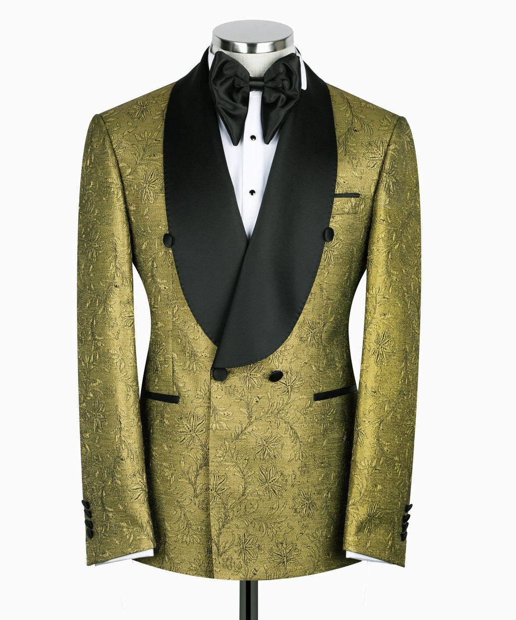 Gold shiny tuxedo jacket with black satin lapels and bow tie, two-piece suit
