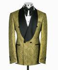Gold shiny tuxedo jacket with black satin lapels and bow tie, two-piece suit