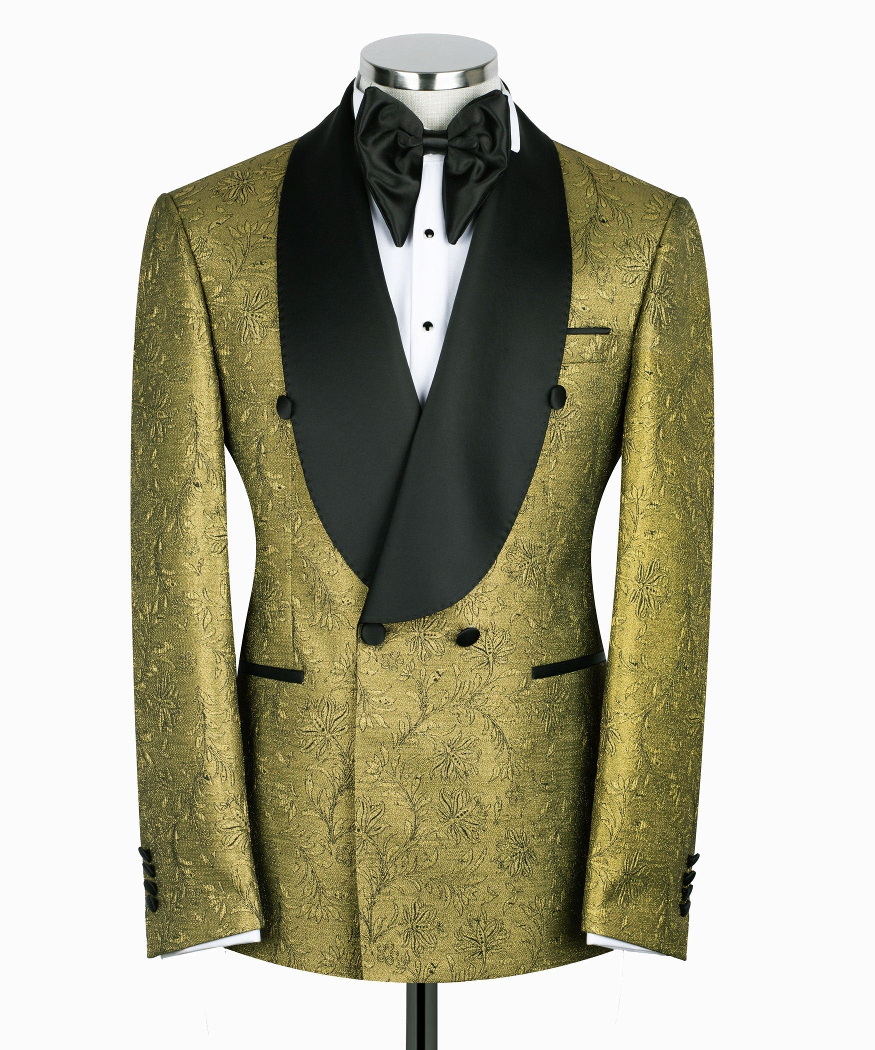 Gold shiny tuxedo jacket with black satin lapels and bow tie, two-piece suit