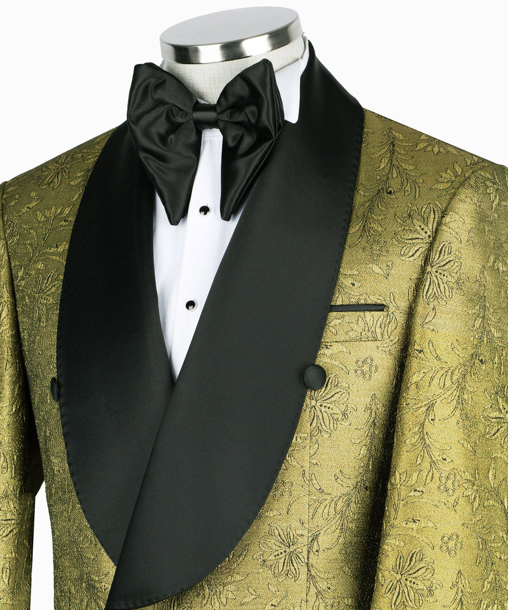 Close-up of black satin bow tie and lapel on gold patterned tuxedo jacket