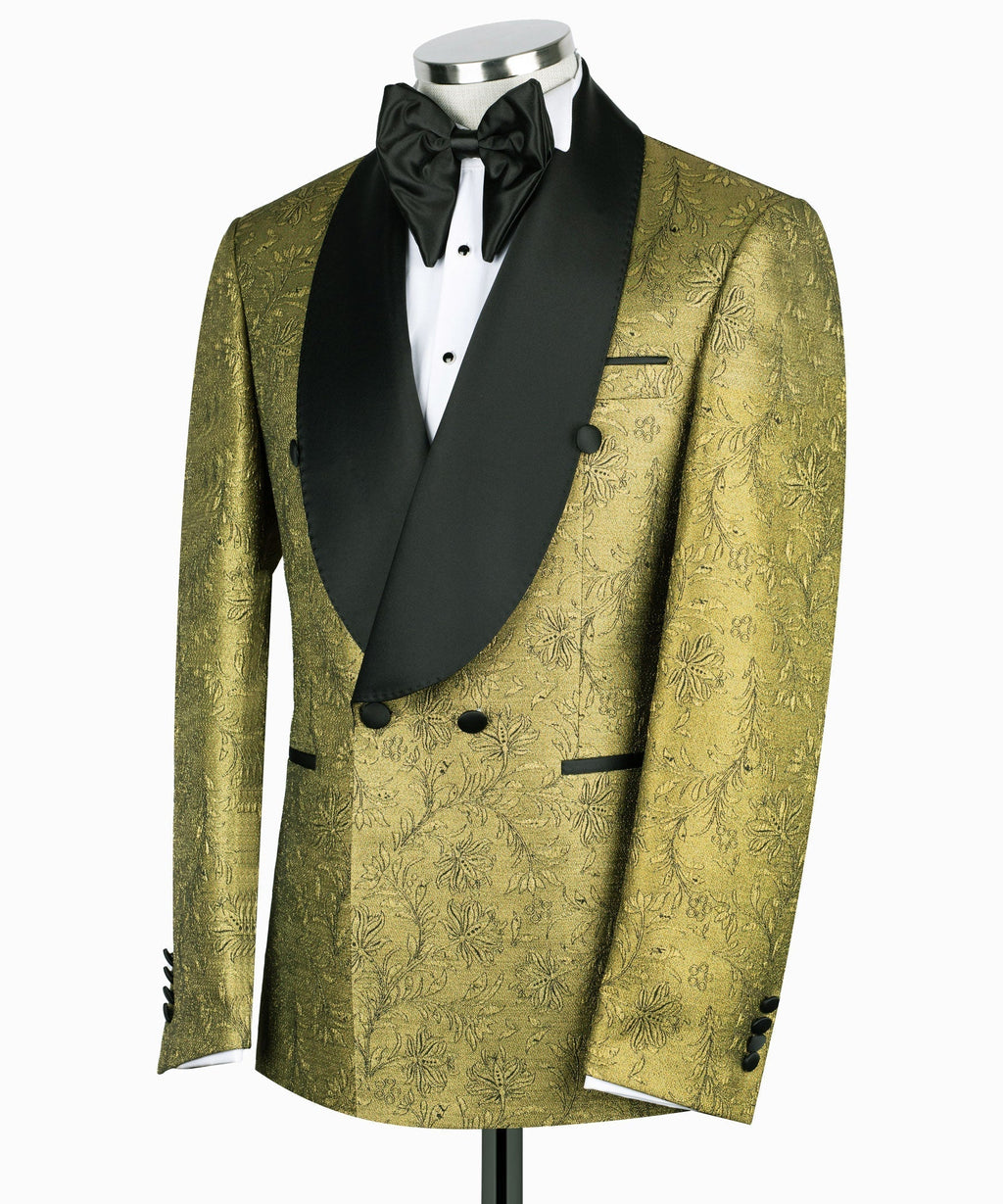 Gold patterned tuxedo blazer with black satin waistcoat and tuxedo bow tie