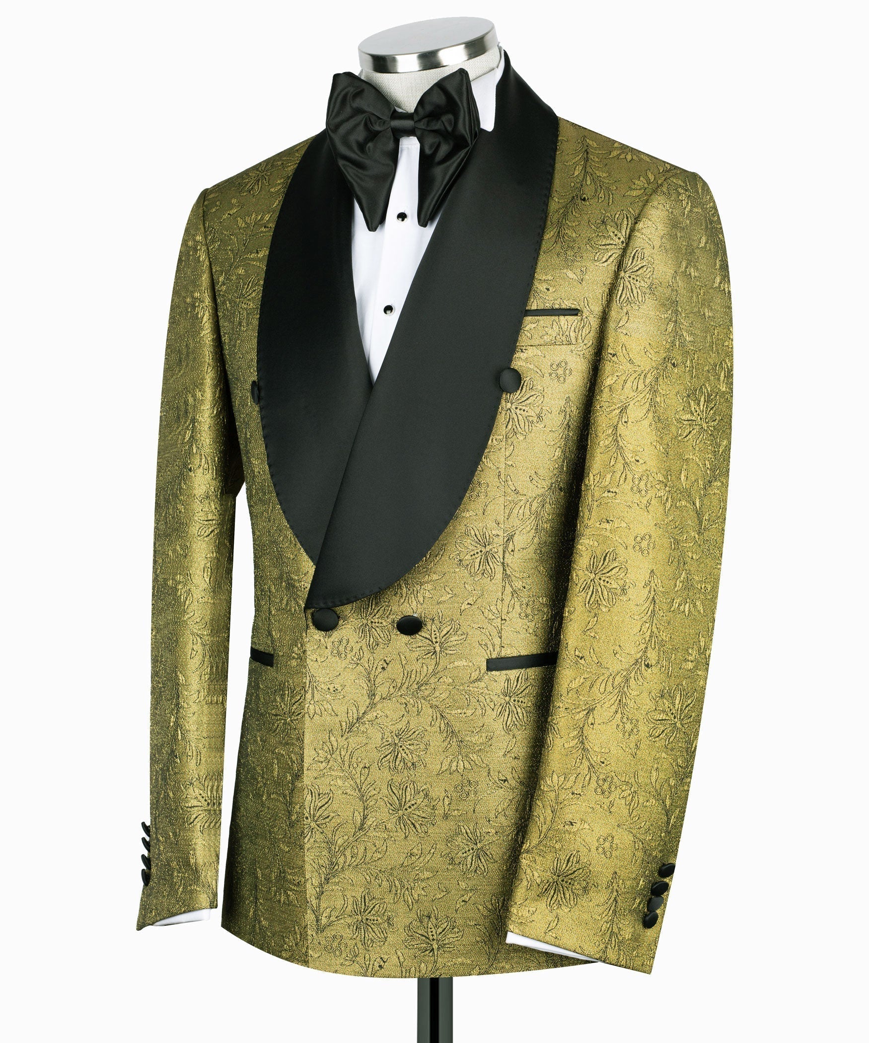 Gold patterned tuxedo blazer with black satin waistcoat and tuxedo bow tie
