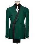 Green double-breasted suit jacket with black lapels on a mannequin 