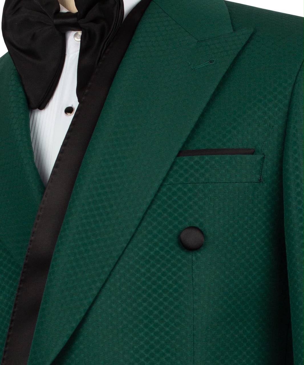 Green textured suit jacket with a black bow tie and pocket square.