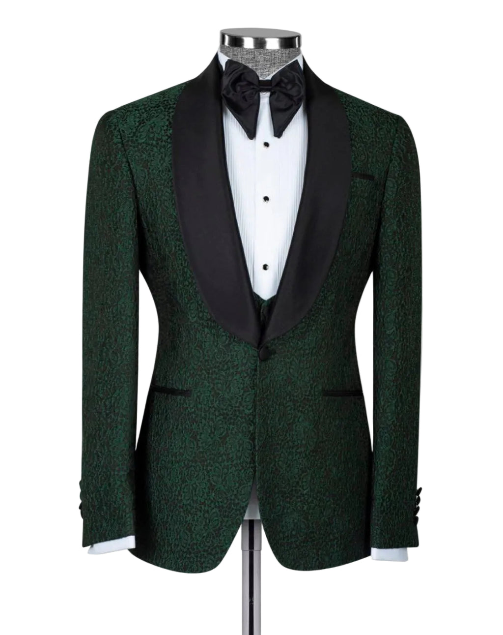 Green tuxedo with black lapels on a mannequin