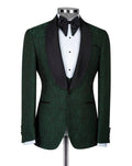 Green tuxedo with black lapels on a mannequin