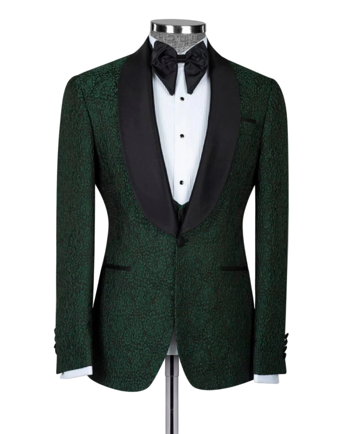 Green tuxedo with black lapels on a mannequin