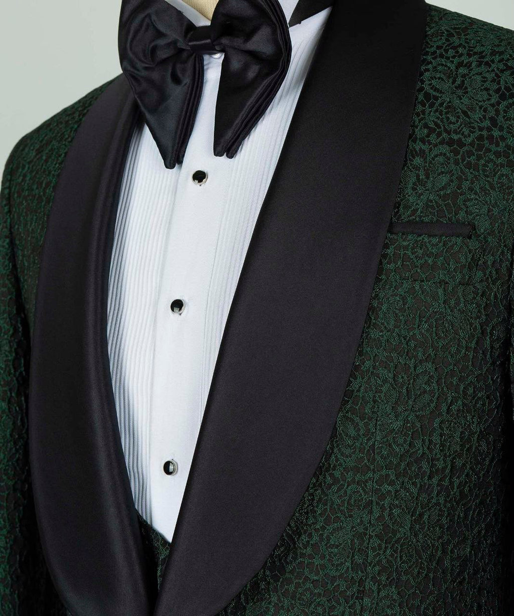 Black tuxedo with white shirt and black bow tie