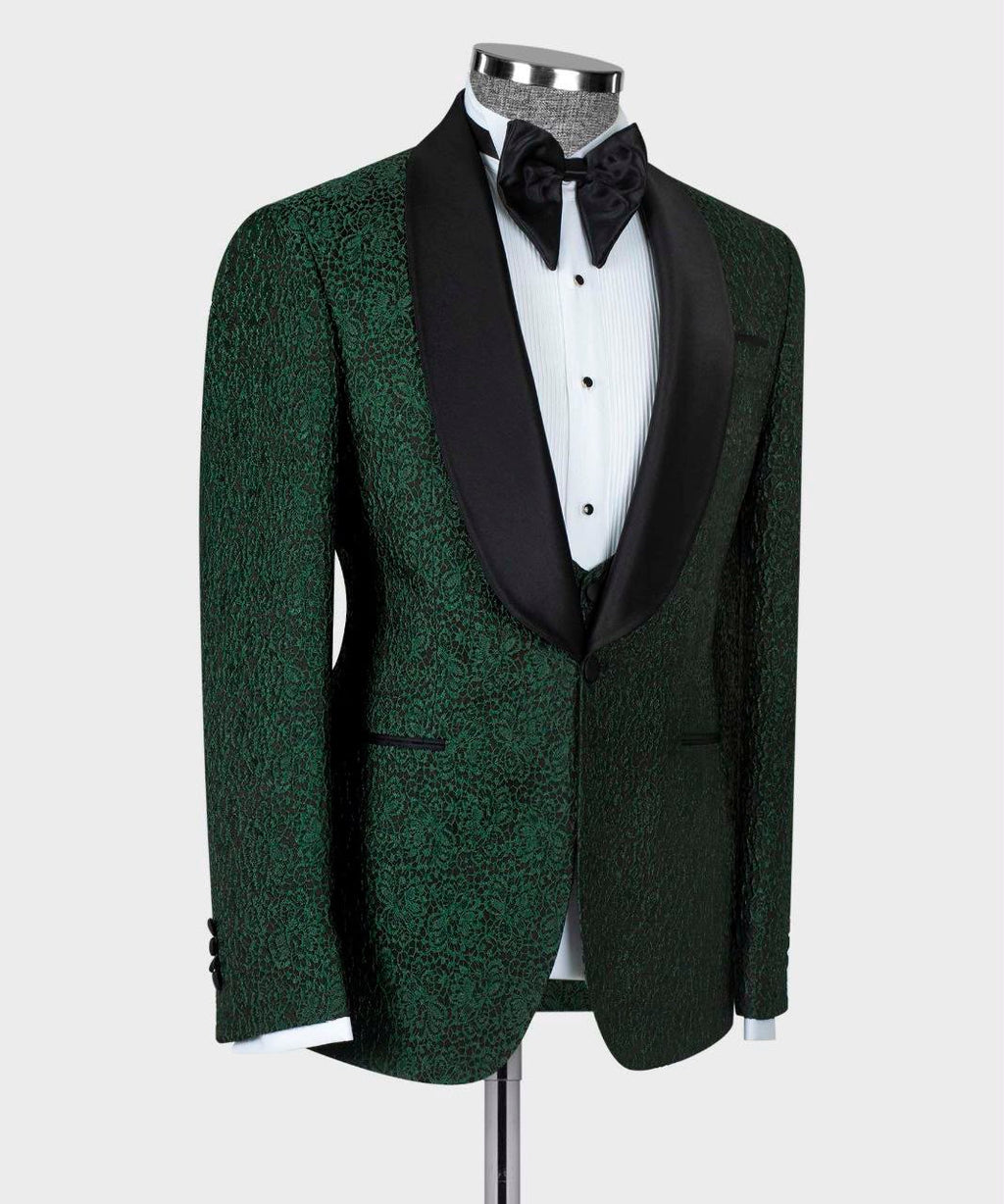 Green tuxedo jacket with black lapels on a mannequin