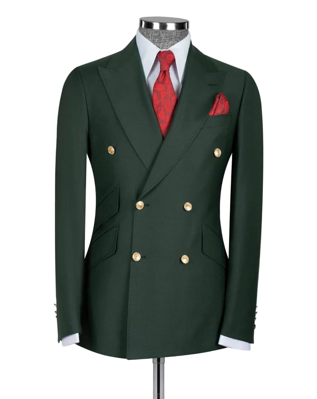 A dark green double-breasted suit jacket displayed on a mannequin torso, styled with a white dress shirt, a red patterned tie, and a matching red pocket square 