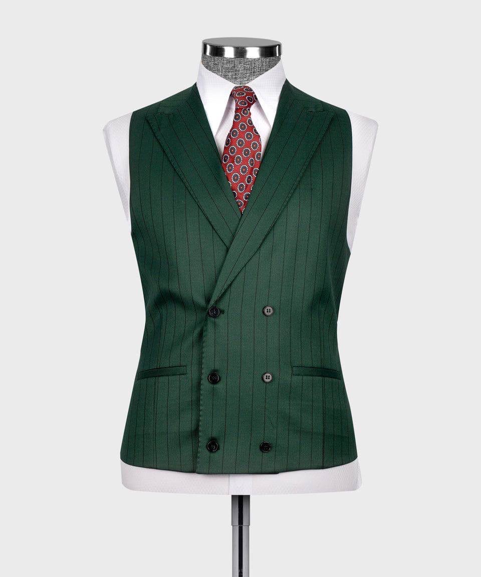A dark green pinstripe double-breasted waistcoat displayed on a white mannequin torso, styled with a white dress shirt and a red patterned tie against a light gray background.