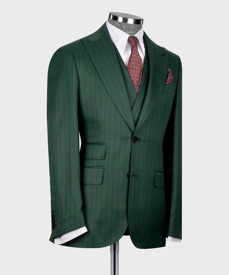 Green suit jacket with a patterned tie on a mannequin against a white background