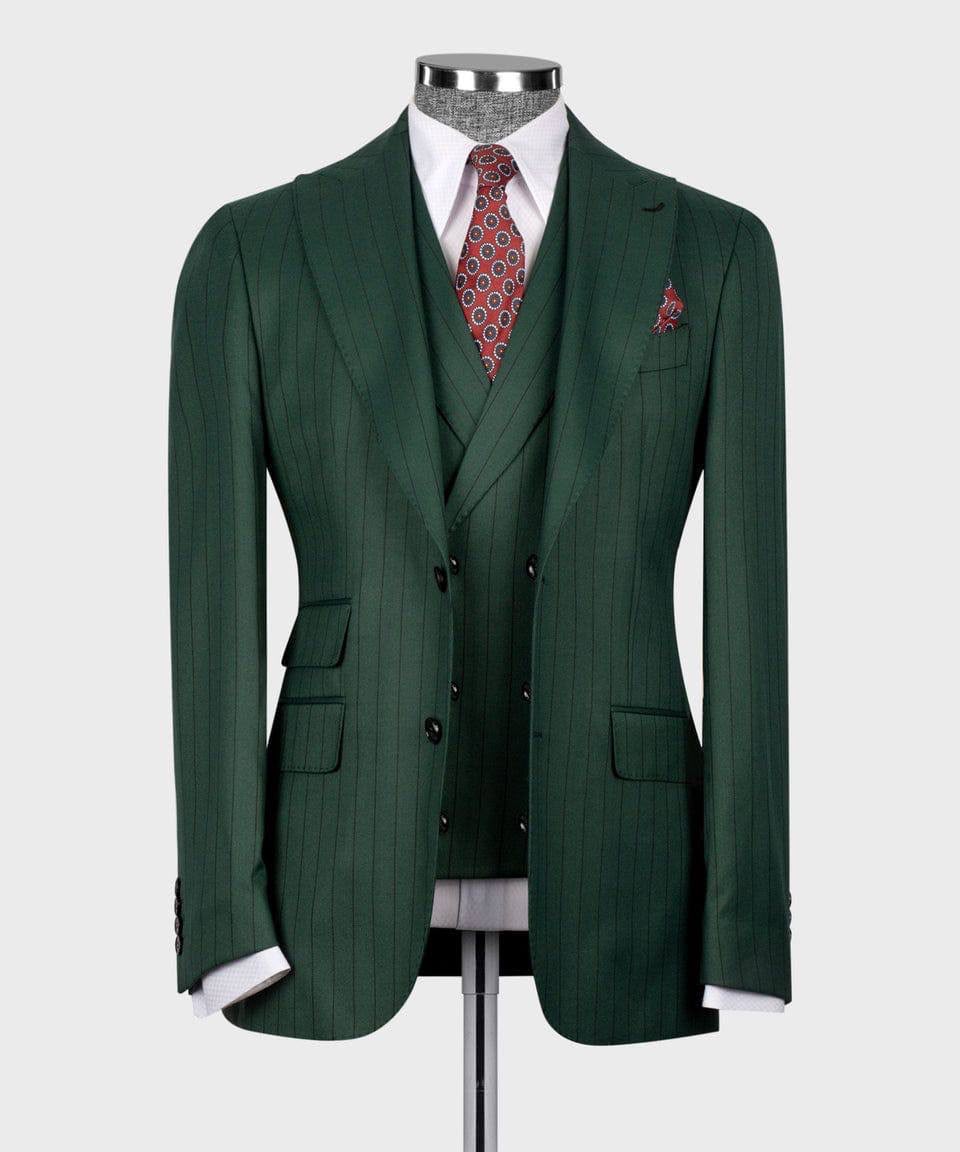 Green suit jacket with vest and patterned tie on a mannequin against a white background