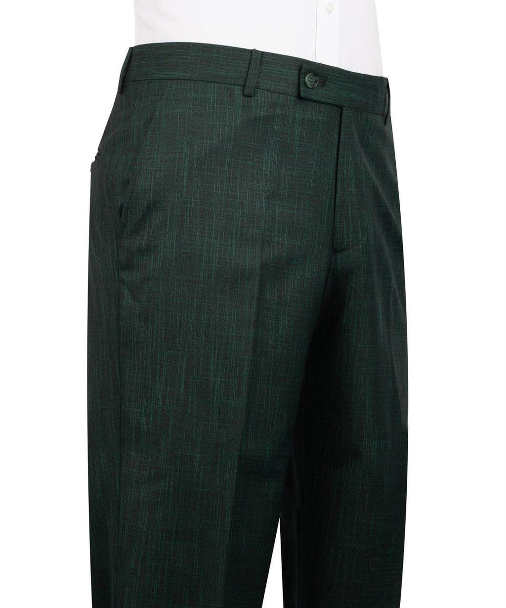 Dark green plaid trousers shown on a white shirt mannequin against a plain white background.